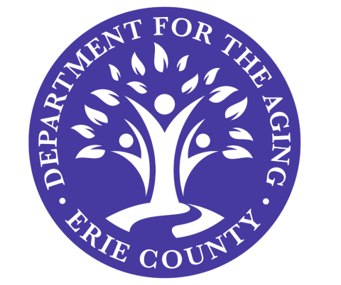 Purplish Blue circle with white lettering spelling out Erie County Department for the Aging. Centered in the circle is a white path leading up to a tree with leaves with the center of the tree looking like people