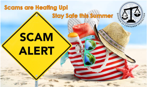 Summer Scam Alert with beach bag and sign