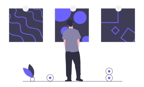 illustration of a person looking at artwork on a wall