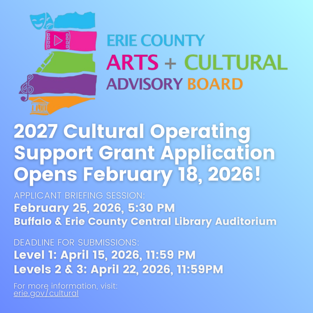 Erie County Arts and Cultural flyer stating the upcoming application release date and briefing session.