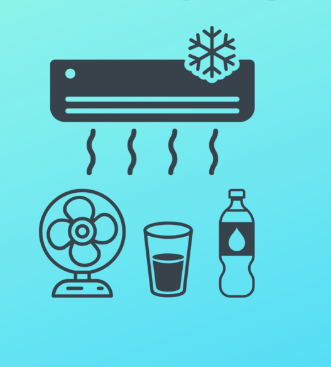 fan air conditioner with snow flake symbol bottle of water and glass of liquid