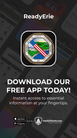 ReadyErie with County Seal stating Download our free app today! Instant access to essential information at your fingertips.