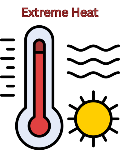 Extreme Heat with red thermometer, yellow sun black heat waves