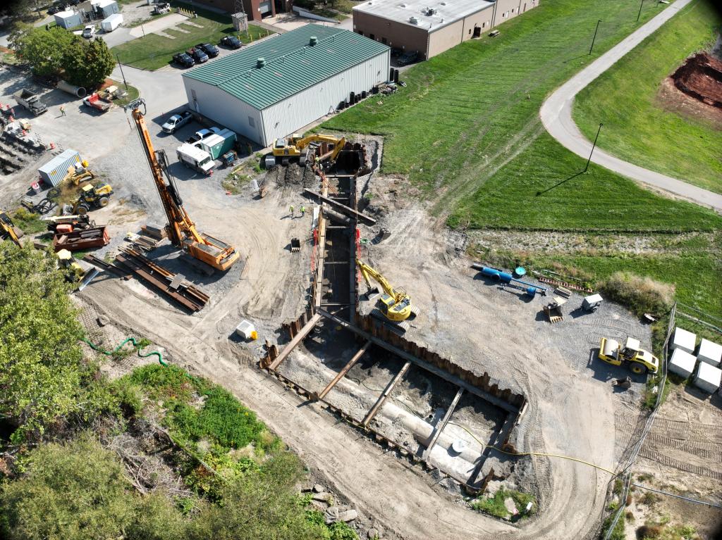 Existing 66” diameter piping being prepared for a new connection (location #2, facing southeast)