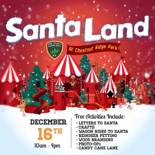 Erie County Parks Department presents Santaland at Chestnut Ridge Park December 16 10am-4pm Free activities includ letters to santa, crafts, wagon rides to santa, reindeer petting, wood branding, photo-ops candy cane lane