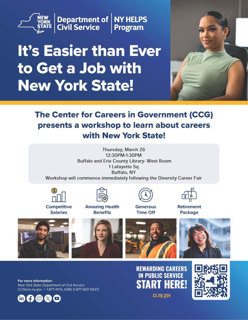 NYS Department of Civil Service Workshop, Thursday March 26 12:30-1:30 PM at the Buffalo Central Library immediately following the career fair