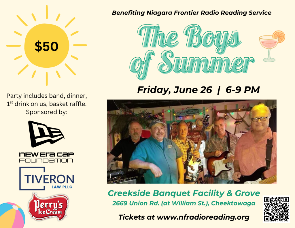 The image is the flyer for thr Niagara Frontier Radio Reading Service Benefit with a photo of the band The Boys of Summer which is 5 men posing with guitars and amplifiers