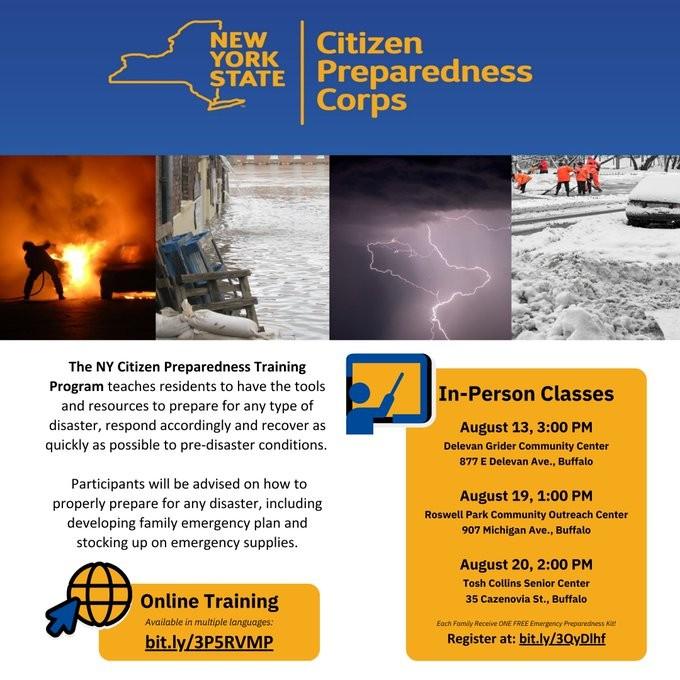 NY Citizen Preparedness Trainings teach residents to have the tools and resources to prepare for any type of disaster.  Watch online: http://bit.ly/3P5RVMP . Attend in person. (Register at: http://bit.ly/3QyDlhf) Each family that attends receives one preparedness kit