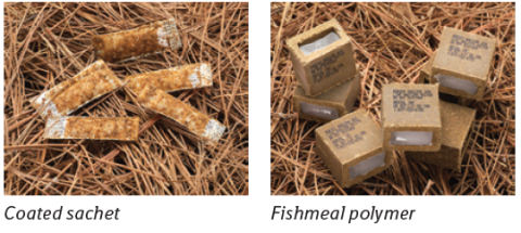 Two types of oral rabies vaccine baits are shown on a bed of pine needles. On the left are several small, brown coated sachets shaped like short tubes. On the right are block‑shaped fishmeal polymer baits that look like small brown cubes with a white center.