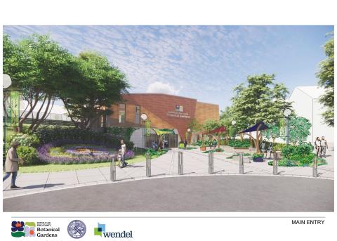 new main entry for the botanical gardens showing accessible entry and two tone wood entry hall