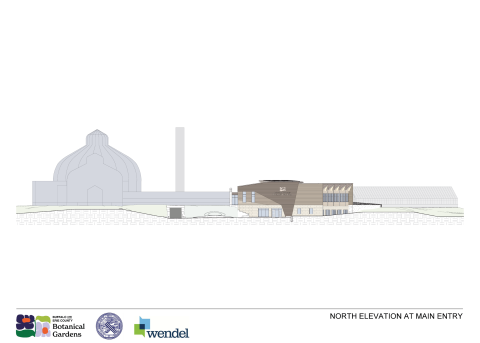 schematic showing the smaller height of the new entry hall behind the glass conservatory and connecting to the growing range