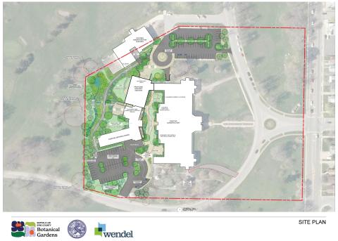 site plan showing historic conservatory connecting to addition and grow range building with paved and landscaped interior open air courtyard and new external west side garden