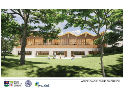 two story West Elevation of Expansion with repeating peaked roof line in wood with glass over a stone first floor with rectangular windows