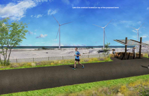 jogger on asphalt path with windmills and the lake on the background, and a shade area on the right