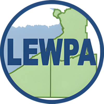 A circle enclosing the word LEWPA overlain a map of the participating counties.