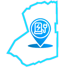 Blue outline of Erie County map with an electric vehicle charge symbol as a map pin