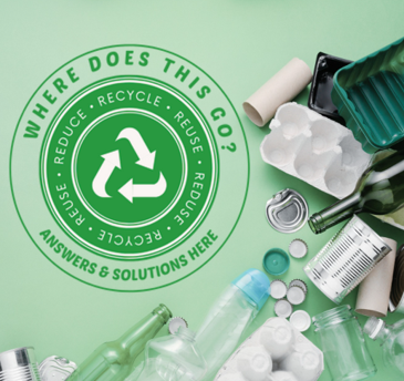 Recyclable materials on a green background with a recycling logo