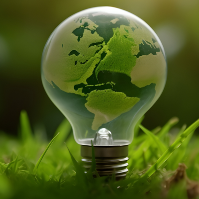 Glass lightbulb with continents etched.