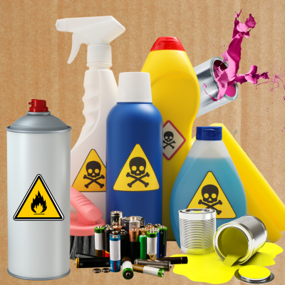 Examples of hazardous waste including batteries, cleaning chemicals, and paint.