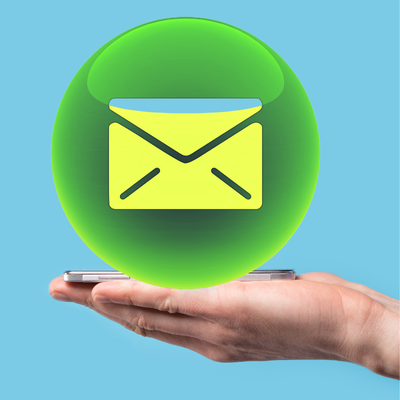 An envelope icon over an outstretched hand. 