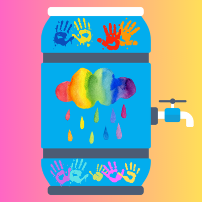 A rainbarrel decorated with children's handprints and a rainbow colored cloud.