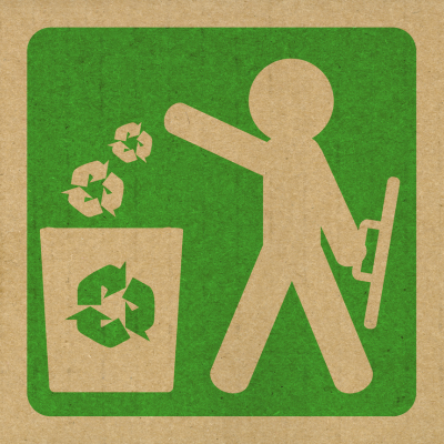 A person icon throwing recyclables into a recycling bin.