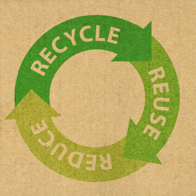 Reduce, reuse, recycle in green arrows that connect in a circle.
