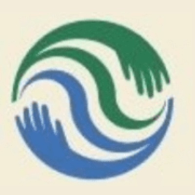 A circle formed by two swirling hands, one blue and one green.