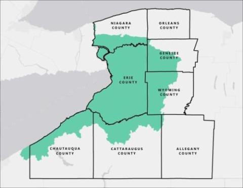 A map showing the Lake Erie watershed superimposed over a map of Erie County.