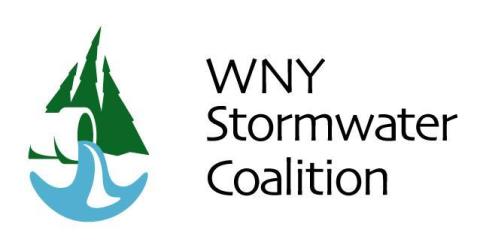 WNY Stormwater Coalition Logo: A pipe outflow with water discharge, with trees in the background.