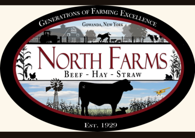 North Farms logo - a beef steer in the focus of the logo with a legacy story of the past 5 generations of the farm to tell in the background  