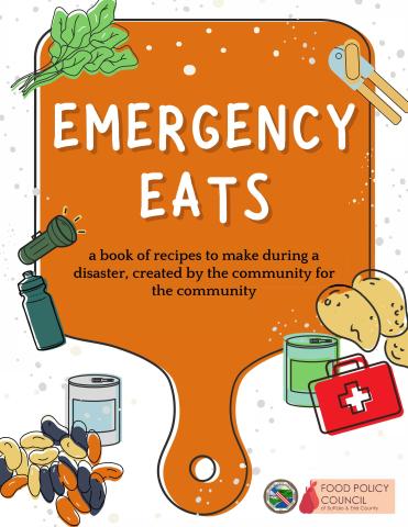 Emergency Eats cookbook cover page. There is a cutting board with various ingredients on it.