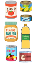 Illustrations of shelf-stable pantry items: soup, canned corn, canned tuna, peanut butter jar, cooking oil, canned fruit, canned pet food