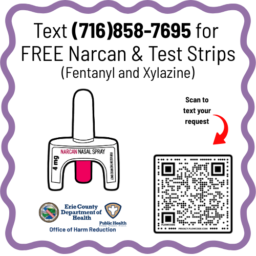 Flyer with illustration of narcan and a QR code, along with text containing contact information for free narcan and test strips