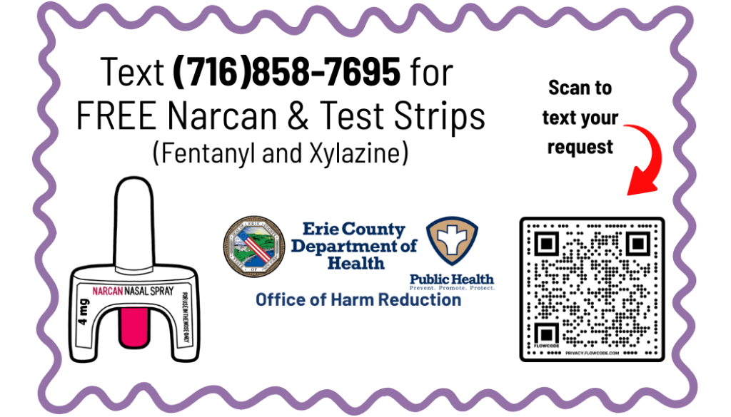 Flyer for free narcan and test strips