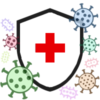 Public health shield surrounded by icons of viruses graphic