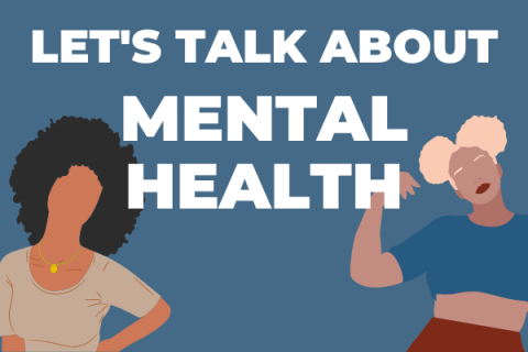 blue background with white text, let's talk about mental health