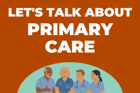 Let's Talk About Primary Care Text Over Image of four Health Care Providers in Blue Scrubs