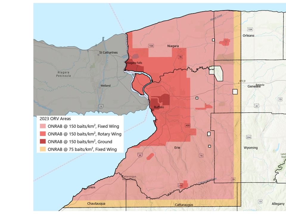 Map of rabies bait distribution in Erie County for August 2023