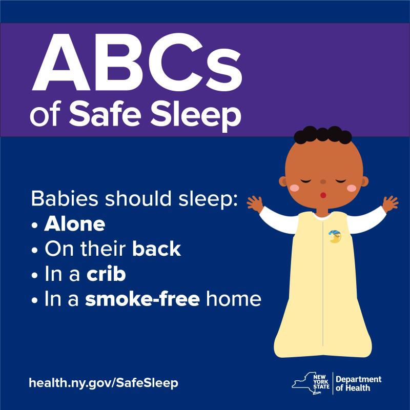 ABCs of safe sleep. Babies should sleep alone, on their back, in a crib in a smoke-free home.