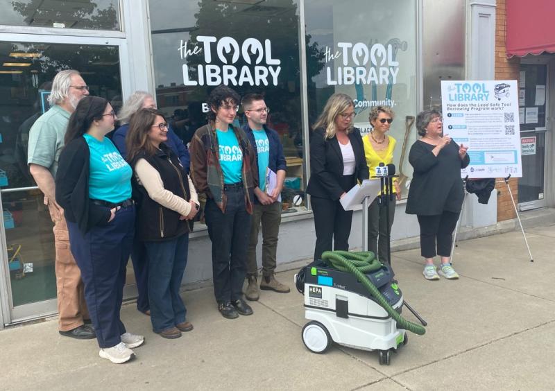 Group photo in front of Tool Library in Buffalo announcing Lead Safe Tools Borrowing program with Erie County Department of Health