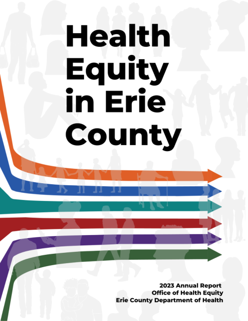 Health Equity in Erie County report cover with six colorful horizontal arrows extending from left to right
