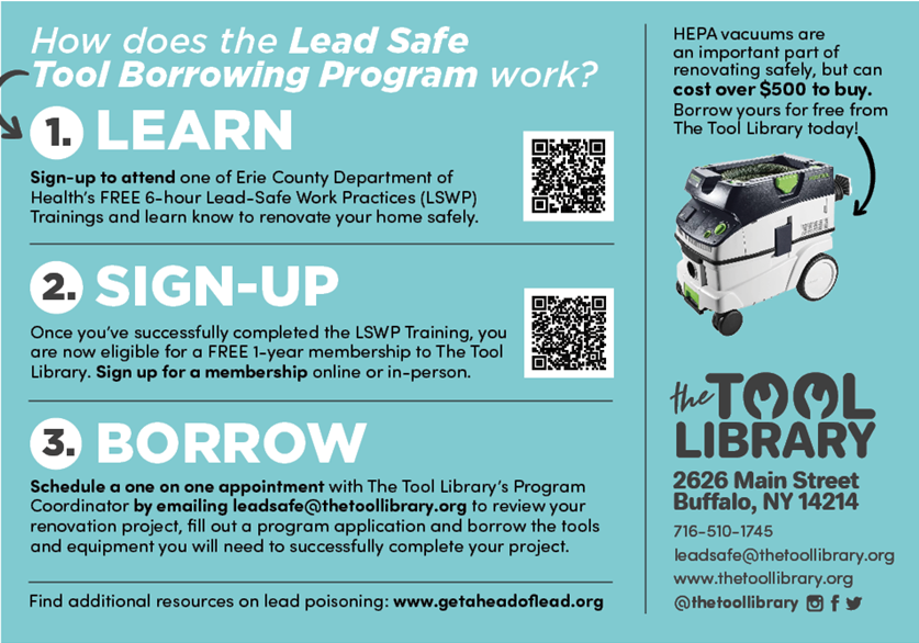 Postcard outlining steps to participate in Lead Safe Tool Borrowing Program: Learn, signup and borrow!