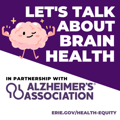 purple background with white text, Let's Talk about Brain Health, in partnership with the Alzheimer's Association, with a comic style brain with facial features, arms and legs.