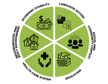 Pie chart displaying six segments for social determinants of health - economic stability, language access, social and community context, education, health care system, neighborhood and built environment