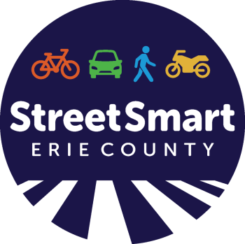 StreetSmart Erie County logo, color icons representing a bicycle, motorcycle, pedestrian, car on a blue background