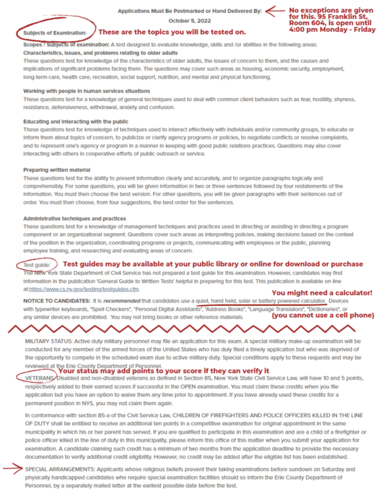 Sample second page of civil service exam announcement has annotated notes on it in red with the information detailed on in this section of the page.