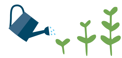Cartoon of watering can pouring water over 3 small plants
