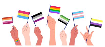 Illustration of hands holding pride flags