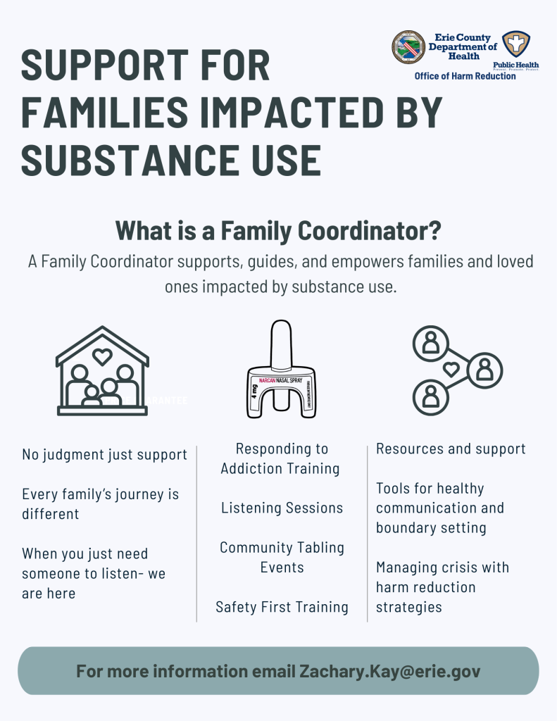 Preview of printable flyer version of "Support for Families Impacted by Substance Use". Contains text on "What is a family coordinator?" with ECDOH logo, and illustrated images of a narcan/naloxone dispenser, a house with a family and heart inside, and people connected by nodes with a heart.